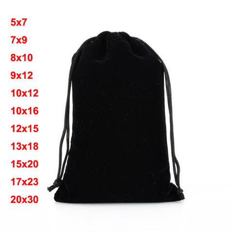 50 unids/lote 7x9 10x12 17x23 20x30cm negro bolsas de terciopelo cordón ajustable bolsas para joyería de perlas regalo bolsa de embalaje de almacenamiento de logotipo personalizado ► Foto 1/6