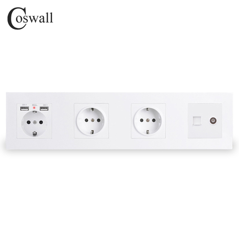 COSWALL-enchufe europeo de Triple pared con conexión a tierra, puerto de carga USB Dual con luz de fondo suave, TV femenina, salida de Internet RJ45, Panel de PC ► Foto 1/3