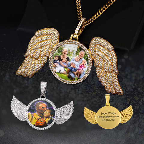 Colgante con foto personalizada para hombre, medallones de alas de Ángel, joyería de Hip Hop, colgante enjoyado grabado personalizado con nombre, regalo de memoria ► Foto 1/1