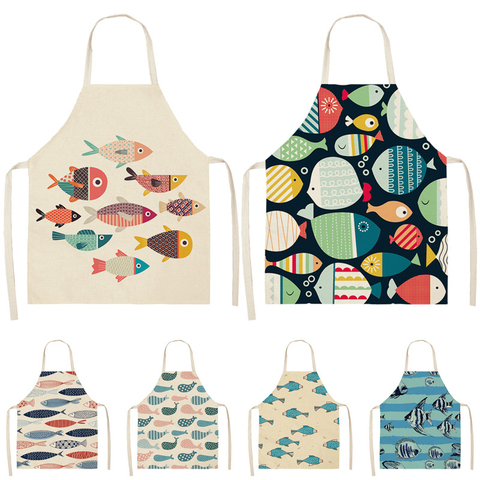 1 Uds de dibujos animados motivo de peces de limpieza de delantales cocina delantal ropa de cocinero de lino de algodón dorsales para adultos 53*65cmWQL0020 ► Foto 1/6