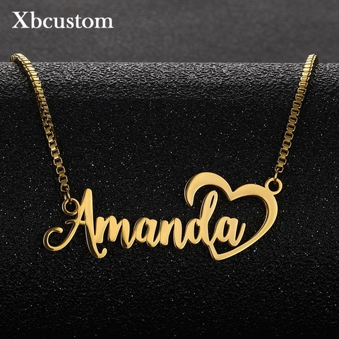 Collar con nombre personalizado para mujer, placa con nombre de corazón con letras personalizadas, caja de acero inoxidable dorada, cadena, joyería al por mayor ► Foto 1/6