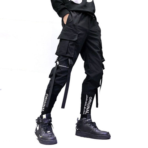 Pantalones Cargo con cintas para hombre, ropa de calle informal de cintura elástica, estilo Hip Hop, Harajuku, color negro, 2022 ► Foto 1/5