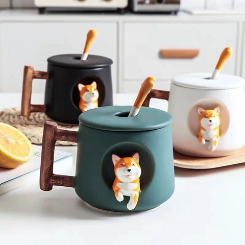 Kawaii Cute Shiba Inu conjunto de Taza de cerámica, tazas nórdicas personalizadas, tazas de café de cerámica con tapa y cuchara, Ideas de regalo de Navidad ► Foto 1/6