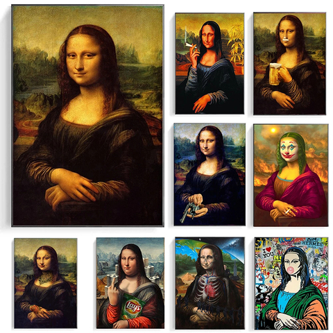 Arte divertido Mona Lisa sosteniendo las diversas cosas pintura de la lona carteles y pared imágenes artísticas para decoración para sala de estar Cuadro ► Foto 1/6