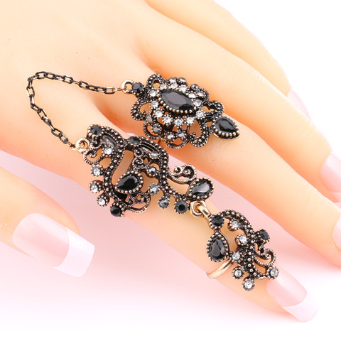 Anillo para dos dedos ajustable turco para mujer, de resina negra, diseño de flores huecas, joyería Vintage ► Foto 1/6