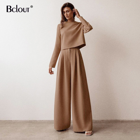 Bclout-pantalones de cintura alta para mujer, pantalón largo holgado informal, color marrón, elegante, básico, de pierna ancha, con botones sólidos, para otoño, 2022 ► Foto 1/6