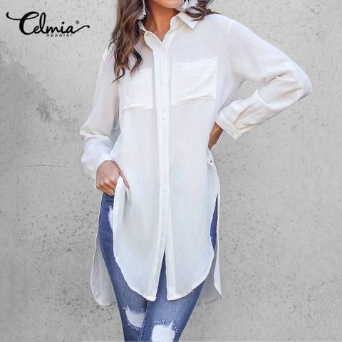 Celmia blanco mujeres camisas Camisetas largas 2022 otoño solapa asimétrica Blusas dividida Casual elegante Oficina Blusas túnica de talla grande 7 ► Foto 1/6