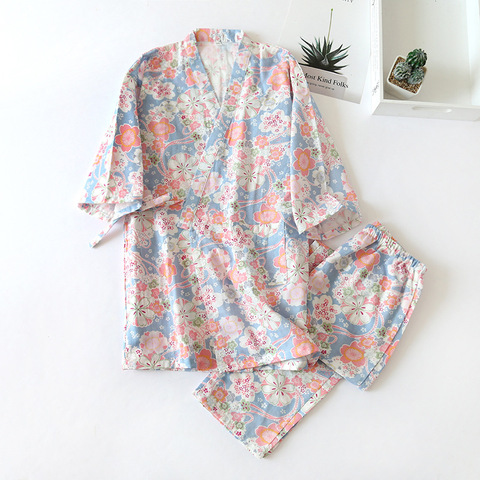 Kimono de algodón de estilo japonés para mujer, pijama informal de dos piezas para el hogar, primavera y verano ► Foto 1/6