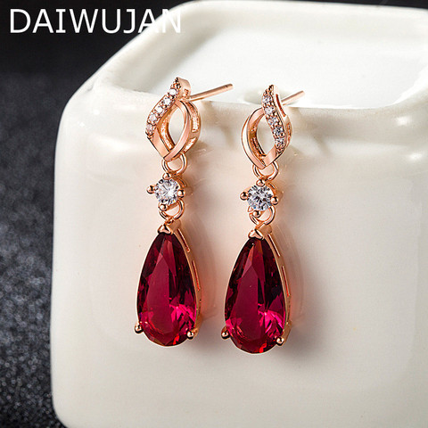 DAIWUJAN 925 agua de plata en forma de gota pendientes vidrio rojos oro rosa rubí Dangele pendientes para las mujeres joyería para fiesta y boda ► Foto 1/6