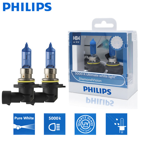 Philips-faros delanteros de luz halógena superblanca, lámparas HB4 9006 12V 55W P22d Diamond Vision 5000K 9006DVS2, 2 unidades ► Foto 1/6