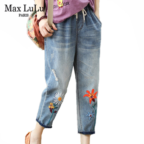 Max LuLu-pantalones vaqueros elásticos para mujer, Jeans informales con bordado Floral, Vaqueros bombachos de gran tamaño para mujer 2022 ► Foto 1/6