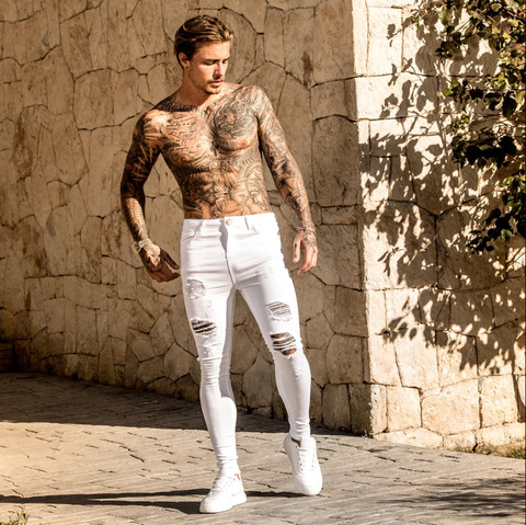 Pantalones de tubo ajustados elásticos para hombre, Vaqueros sexys informales con agujeros rasgados, pantalones vaqueros para hombre, ropa de calle 2022 ► Foto 1/6