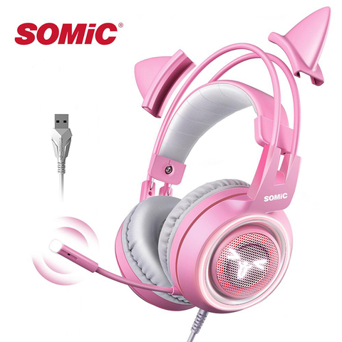 SOMIC-auriculares para videojuegos G951 Oreja de Gato, estéreo, cancelación de ruido, vibración, LED, USB, color rosa, 7,1 ► Foto 1/6