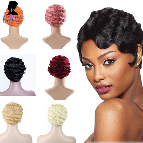 Peluca de cabello sintético para mujeres negras, pelo de Cosplay de fibra de alta temperatura con ondas de dedo corto, color negro, Rosa y Rojo ► Foto 1/6