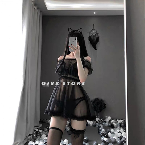 Ropa interior de encaje negro blanco transparente Sexy de princesa Linda dormir camisón ropa de dormir Lolita Kawaii vestido de gasa ► Foto 1/6