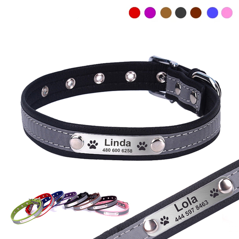 Collar de perros de piel sintética personalizado, reflectante, con etiqueta personalizada grabada para perro grande, accesorios para mascotas ► Foto 1/6