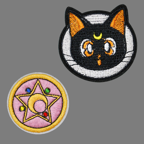 Parches redondos de bordado de gato para ropa, apliques de rayas DIY, adhesivos para ropa, insignias de pentagrama de gato de hierro sobre Luna, nuevos ► Foto 1/5