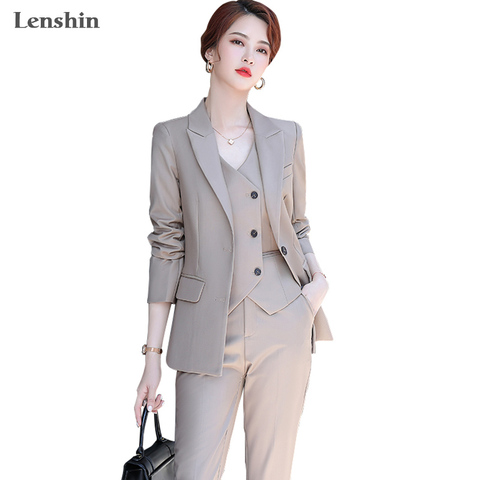 Lenshin-Conjunto de 3 piezas de chaleco para mujer, traje de pantalón de calidad, Ropa de Trabajo de oficina para mujer, Blazer Formal, chaqueta con pantalones recortados ► Foto 1/6