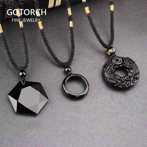 Collar con colgante de ónix obsidiana negra Natural, amuletos de la suerte para hombres y mujeres con cadena de cuerda ► Foto 1/6