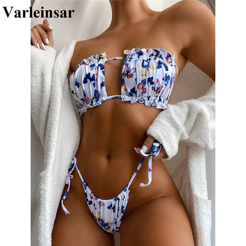 Bikini Bandeau con estampado de mariposa para mujer, traje de baño Sexy de lunares, conjunto de Bikini de dos piezas, bañador V1242B ► Foto 1/6