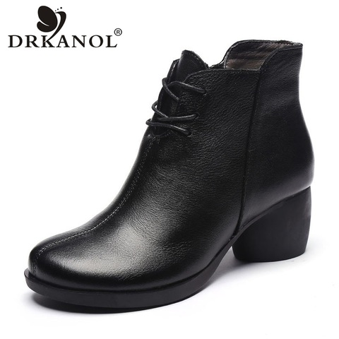 DRKANOL hechos a mano nuevos botas de mujer Retro Botines de cuero genuino para mujeres invierno cálido zapatos punta redonda zapatos de tacón grueso botas Mujer ► Foto 1/6