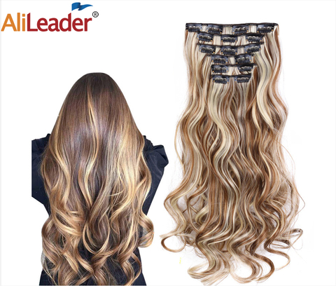 Alileader pelo sintético 16 Clip en Clip de extensión de cabello para mujer 6 unids/set Clip de extensión de cabello en Ombre peluquín falso largo ondulado ► Foto 1/6