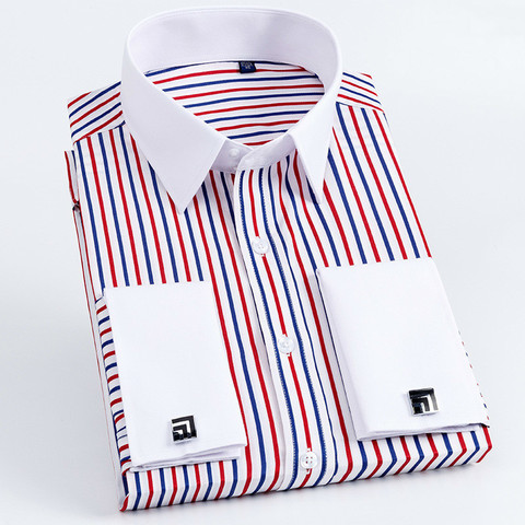 Camisa ajustada informal para hombre, camisa de manga larga de calidad, para negocios, con mancuernas francesas, a rayas ► Foto 1/6