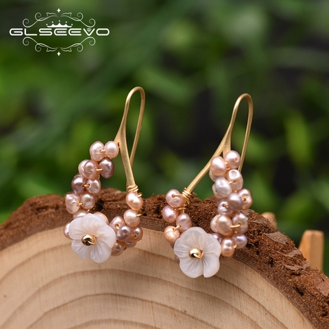 GLSEEVO-pendientes colgantes de perlas moradas naturales para mujer, joyería de lujo, forma de flor, aretes coreanos hechos a mano, GE0987 ► Foto 1/5