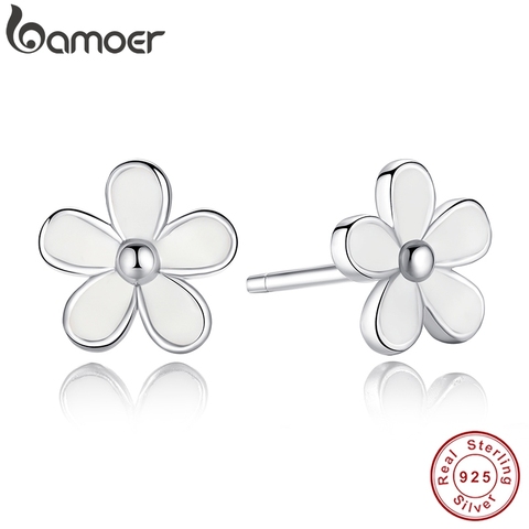 Plata esterlina 925 cariño pendientes con forma de Margarita pendiente de esmalte blanco con CZ claro Compatible con joyas tienda especial PAS409 ► Foto 1/6