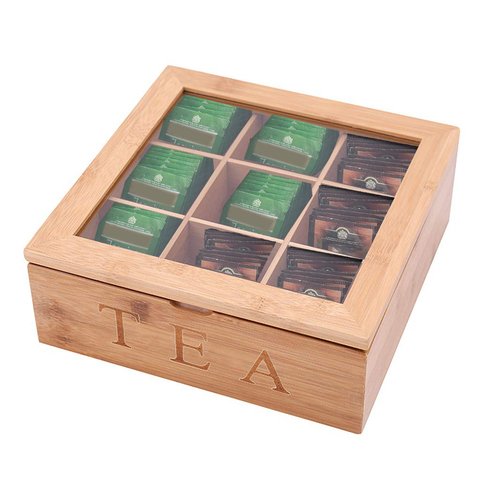 Caja de té de madera de bambú, soporte de almacenamiento de bolsas de té y café, organizador para armarios de cocina, soportes de joyería para el hogar, venta al por mayor ► Foto 1/6