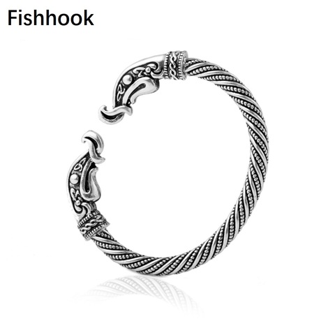 Fishhook-pulsera con cabeza de dragón ajustable para hombre, brazalete de bronce, Color plata antigua, Punk, gótico, Vikingo, joyería ► Foto 1/6