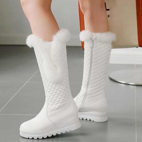 Botas de nieve cálidas para mujer, botas altas largas de tacón bajo hasta la rodilla, zapatos de felpa de piel y plataformas, color blanco, Invierno ► Foto 1/6