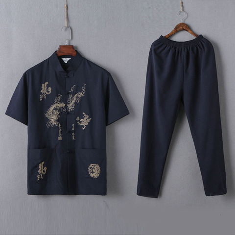 Trajes tradicionales chinos para hombre, conjunto de 2 uds. De camisas y pantalones de algodón transpirable, Bordado de dragón, traje de Kung Fu Tang ► Foto 1/6