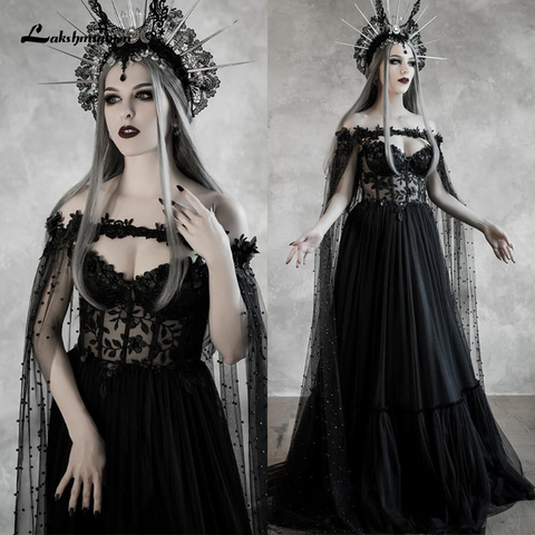 Vestido de novia gótico de cuento de hadas oscuro, con corpiño Corset corto, capa de boda, Halloween, color negro ► Foto 1/6