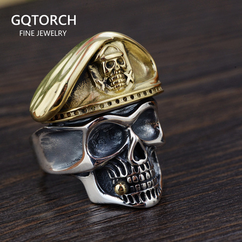 Auténticos anillos de plata de ley 925 con cabeza de calavera para hombre con gorra Vintage Punk Rock joyería masculina esqueleto gótico ► Foto 1/5