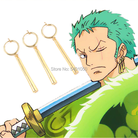 Arete de pirata de One Piece, accesorios de Cosplay de Roronoa Zoro, Pendientes colgantes para la oreja, conjunto con rizador ► Foto 1/6