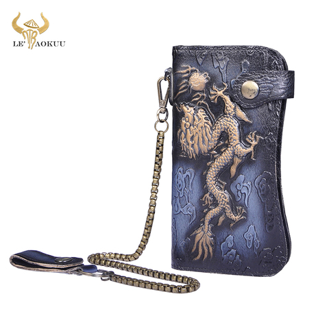Bolso de mano de cuero Natural para hombre, cartera masculina de lujo con diseño de dragón en relieve, cadena de hierro, monedero, 1088 ► Foto 1/6