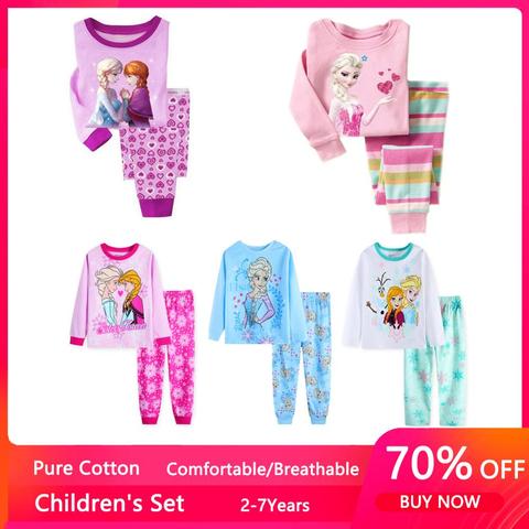 Pijamas para niñas, ropa de dormir de princesa Anna y Elsa, conjunto de ropa con caricaturas para bebés, Pijamas de manga larga para el hogar ► Foto 1/6