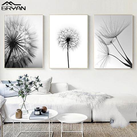 Cuadro sobre lienzo para pared de diente de león, impresión moderna en blanco y negro, imagen de planta, decoración del hogar para sala de estar ► Foto 1/6