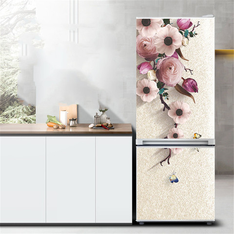 Calcomanía para refrigerador de flores, papel tapiz de PVC para pelar y pegar, decoración del hogar, puerta de casa de setas, Mural impermeable, diseño de nevera de cocina ► Foto 1/6