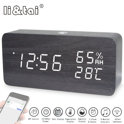 Reloj despertador Led de madera moderno, control por aplicación de sonido, temperatura, humedad, fecha, escritorio electrónico, Digital, batería USB, relojes de mesa ► Foto 1/6