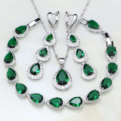 Conjunto de joyería de plata 925 con Circonia cúbica, pendientes, colgante, collar, pulsera, color verde, gota de agua ► Foto 1/5