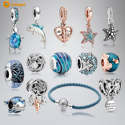 Volayer-abalorios de cristal de Murano para mujer, cuentas de plata esterlina 925, tortuga marina, estrella de mar, mar, Océano, apto para pulseras europeas originales, joyería ► Foto 1/6