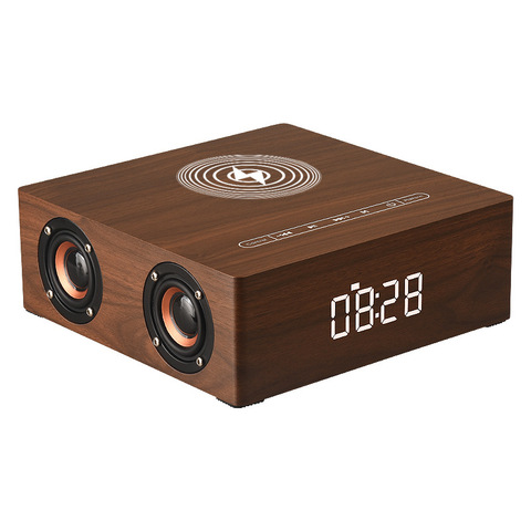 Cargador inalámbrico para reloj despertador de madera, Altavoz Bluetooth, Subwoofer, caja de sonido estéreo 3D con micrófono, tarjeta TF para teléfono inteligente, tableta y PC ► Foto 1/5