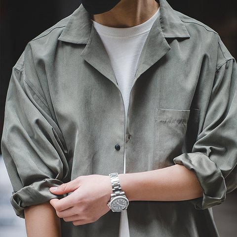 Maden, camisa de manga larga informal para hombre, camisa Retro de primavera y otoño de piel de melocotón, camisa holgada de calle, chaqueta verde caqui ► Foto 1/6