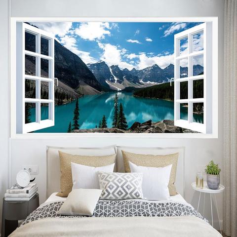 Papel tapiz 3D de simulación de ventana falsa, pegatinas de pared de paisaje de lago, montaña, nubes, decoración del hogar, dormitorio, sala de estar, Mural de Arte de PVC ► Foto 1/6