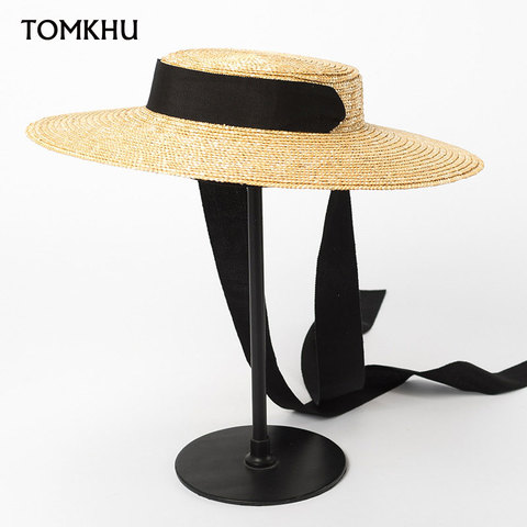 Sombrero de paja tipo canotier para mujer, sombrero plano de ala ancha de 15cm, sombrero de playa con lazo blanco y negro ► Foto 1/6