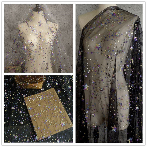 Tela de encaje de malla con bordado de estrellas y lentejuelas, para vestido de noche, falda de mujer, tela de tul con estrellas ► Foto 1/6