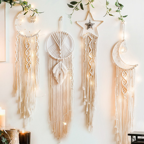 Tapiz de macramé de Luna y Estrella, decoración de pared de macramé con hojas, decoración de pared de macramé, regalo para decoración de dormitorio de granja ► Foto 1/6