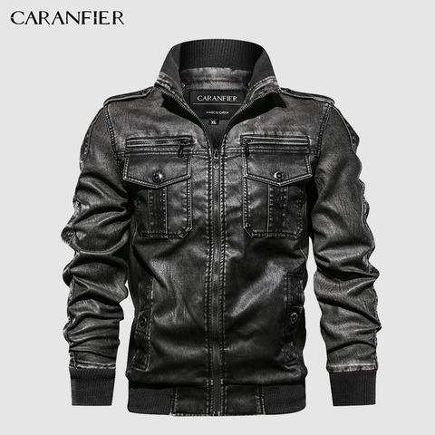 CARANFIER, chaquetas de cuero para hombre, cuello alto para motocicleta, bolsillos con cremallera, abrigos de PU para hombre de tamaño estadounidense, abrigos de piel sintética para motorista, prendas de vestir de moda ► Foto 1/6